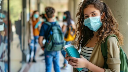Group of school children students wearing face masks, carrying books and backpacks protective face mask as she stands amidst her peers in the bustling school hallway