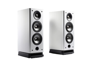Obraz premium Stereo speaker, full-body shot, centered isolation against a pure white backdrop, high-resolution stock photograph, spotlight highlighting speaker details, crisp shadows casting on surface