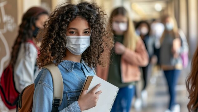 Group of school children students wearing face masks, carrying books and backpacks protective face mask as she stands amidst her peers in the bustling school hallway