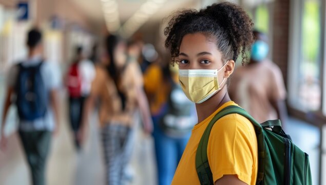 Group of school children students wearing face masks, carrying books and backpacks protective face mask as she stands amidst her peers in the bustling school hallway