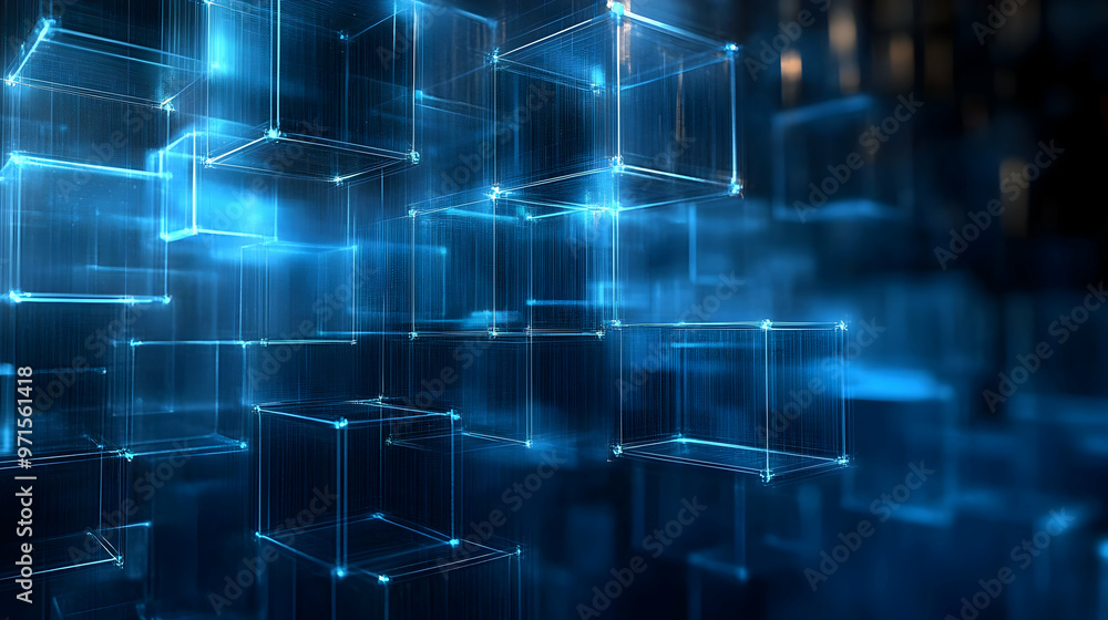 Poster abstract digital representation of interconnected cubes in blue tones, symbolizing data and technolo