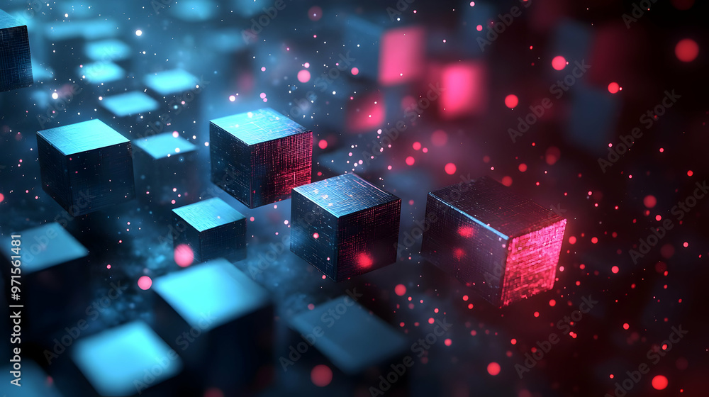 Poster abstract digital scene with glowing cubes and particles in a futuristic setting.