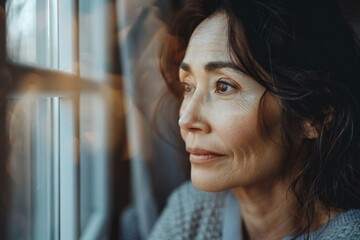 close-up shot of a woman looking pensively out of a window at home, with the morning light streaming in and reflecting in her eyes.