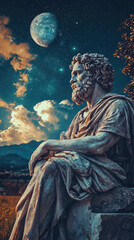 Obraz premium A thoughtful philosopher statue gazes at cosmos, surrounded by natures beauty