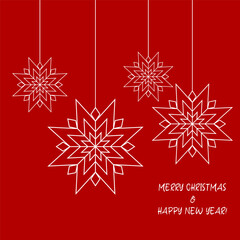 Beautiful white snowflakes banner with text space Xmas classic red background Winter mood Text Merry Christmas and Happy New Year card Vector Illustration Square template