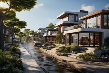Fototapeta premium Luxury village road with beautiful and modern houses on the side of the road