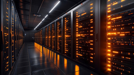 Interior of data center server room at night illuminated by orange lights with rows of black cabinets protecting servers
