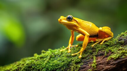 Obraz premium A yellow frog is standing on a green leafy branch
