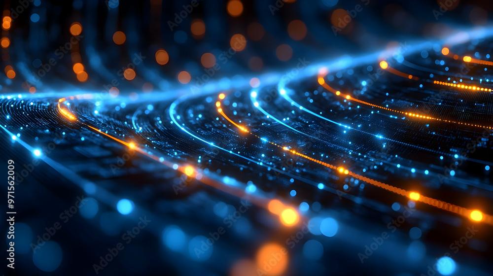 Poster abstract digital waves with glowing blue and orange particles, representing data flow.
