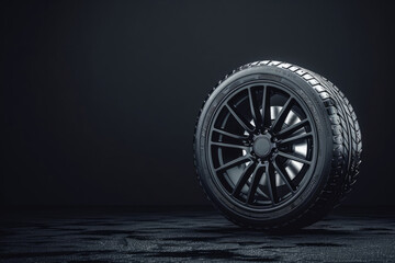 Fototapeta premium Black alloy rim with sport tire standing on black background