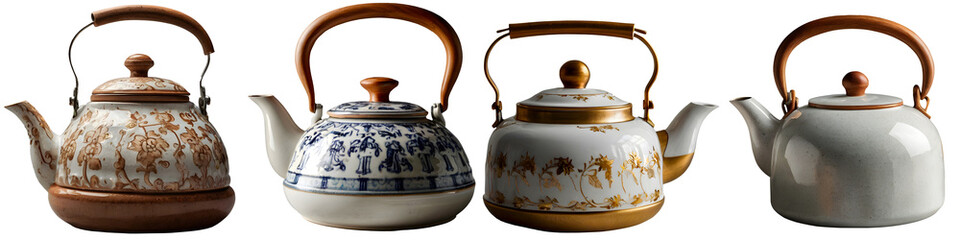 Set of tea kettle isolated on white and transparent background