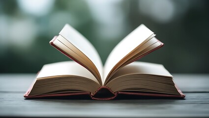 Fototapeta premium Open Book on Wooden Table with Sunlit Background - A Serene Reading Scene, Perfect for Education, Literature, and Relaxation Themes