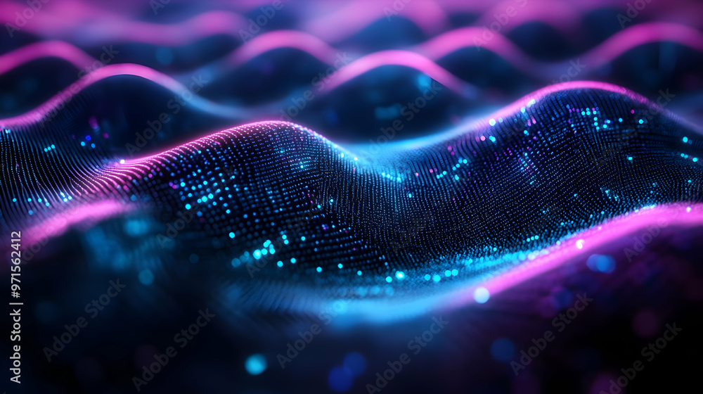 Poster abstract digital waves with glowing particles in a vibrant color scheme.