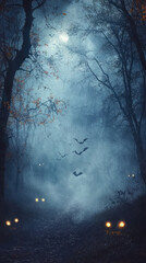 A foggy moonlit forest with eerie bats and glowing eyes creates haunting atmosphere