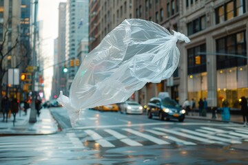 Obraz premium Plastic bag floating over crosswalk in busy city