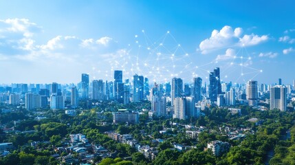 Fototapeta premium A panoramic view of a modern city skyline with a network of connected dots in the sky, representing the interconnectedness of technology and urban life.