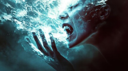 Obraz premium Frozen Shockwave: A person, face with a glowing, sharp shockwave of icy blue and white radiating from their mouth