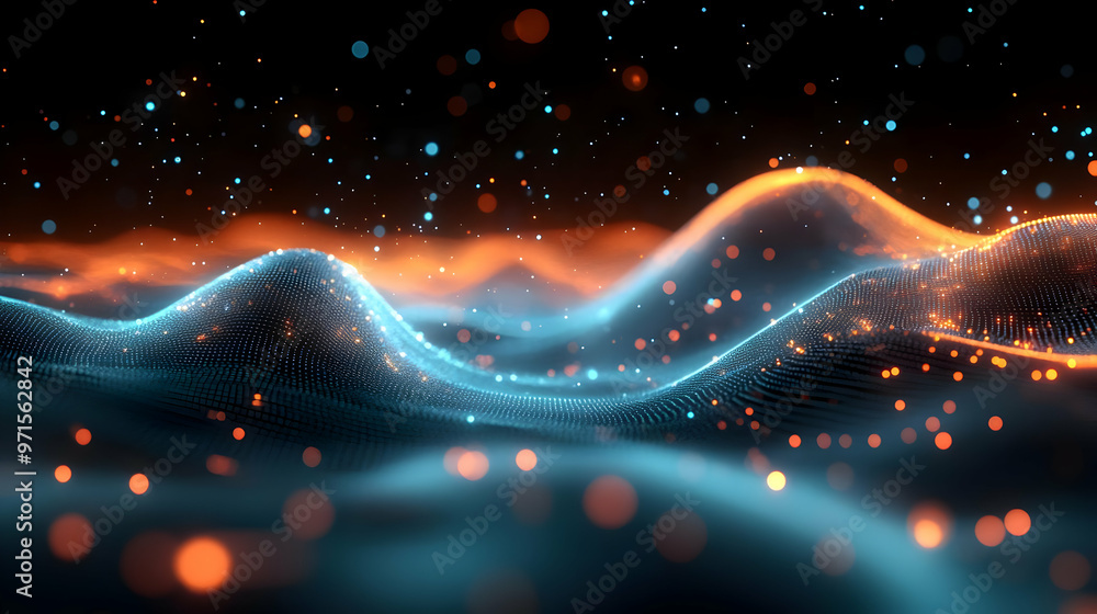 Poster abstract digital waves with glowing particles, creating a mesmerizing visual effect.