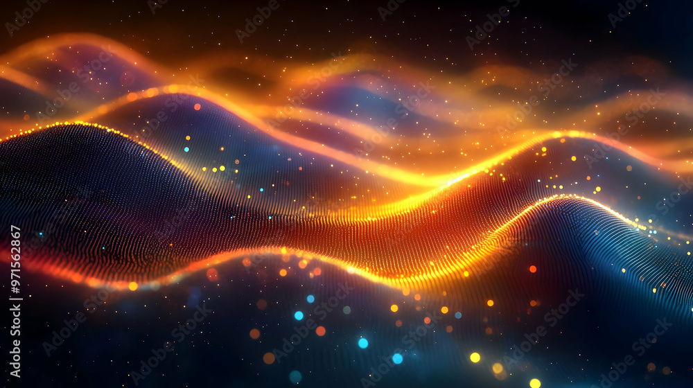 Poster abstract digital waves with glowing particles, creating a vibrant, flowing visual effect.