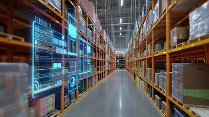 A large warehouse with rows of shelves stocked with boxes. A holographic screen displays inventory data.