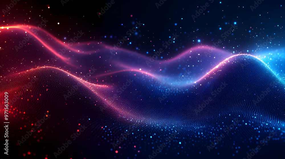 Poster abstract digital waves with vibrant colors and glowing particles.