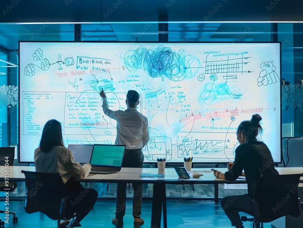 Poster digital whiteboard session with remote colleagues brainstorming and drawing ideas in real time for c