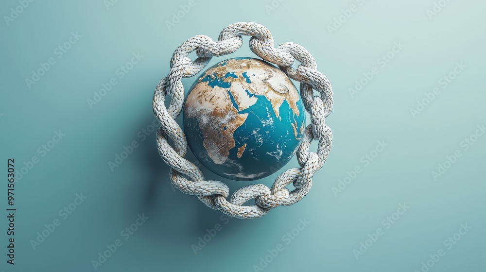 Aufkleber global chain of unemployment: a large chain encircling the globe, with links breaking one by one, ea