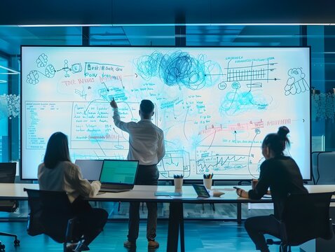 Digital Whiteboard Session with Remote Colleagues Brainstorming and Drawing Ideas in Real Time for Collaborative Innovation