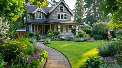 Obraz premium Beautiful Home with Lush Green Lawn and Colorful Flower Beds