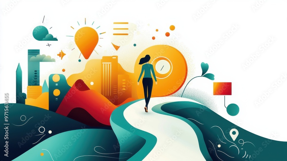 Poster going out to find success: a figure walking on a winding path with determination, surrounded by symb