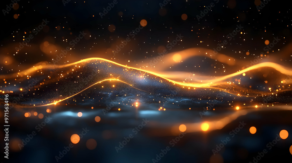 Poster abstract glowing waves with shimmering particles in a dark background.