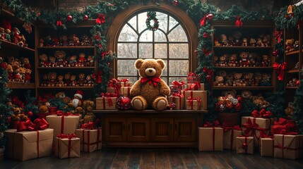 vintage toy store backdrop with wooden cabinets, boxes and teddy bears adorned in Christmas decorations