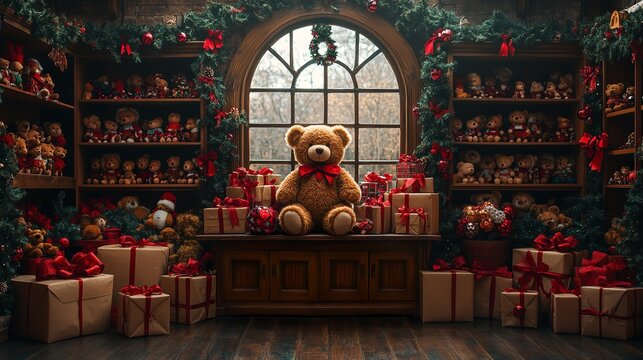 vintage toy store backdrop with wooden cabinets, boxes and teddy bears adorned in Christmas decorations