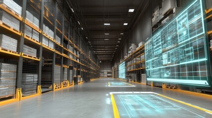 Obraz premium A large warehouse with high shelves and a futuristic interface projected onto the floor.