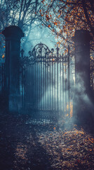 A fog covered graveyard gate creates mysterious atmosphere