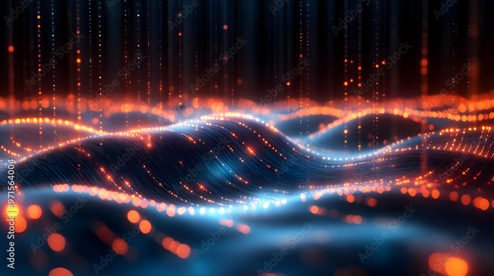Poster abstract representation of flowing waves of light and data in a digital landscape.