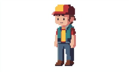 Retro pixelated character in colorful clothing and cap, isolated on white background, perfect for gaming and animation projects.