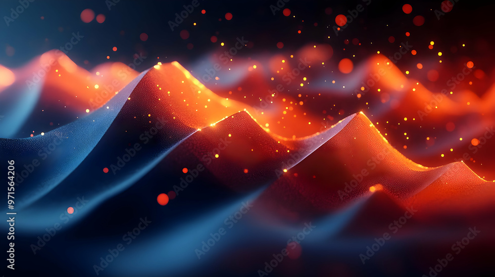 Poster abstract representation of flowing waves with glowing particles in vibrant colors.