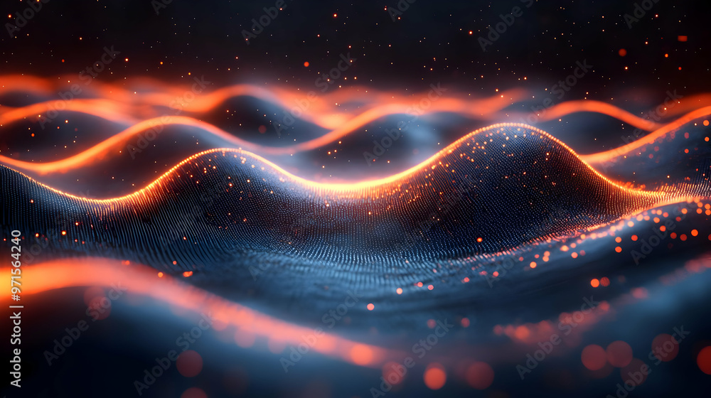 Poster abstract representation of flowing waves with glowing particles in a dark environment.