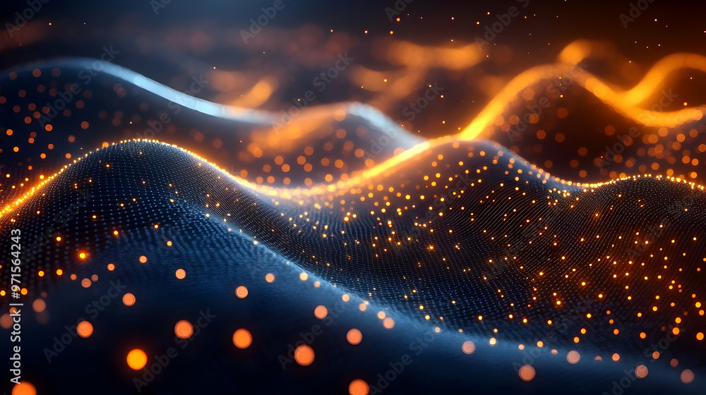 Aufkleber abstract representation of flowing waves with glowing particles in a digital environment.