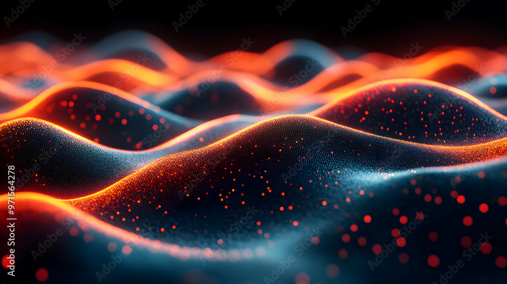 Poster abstract representation of flowing waves with glowing particles, evoking a sense of motion.