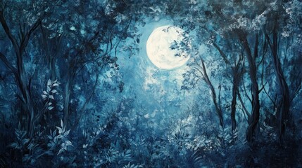 Full Moon Illuminating a Dark, Mystical Forest
