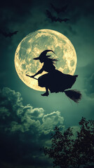 A witch flying on broomstick under full moon creates spooky atmosphere