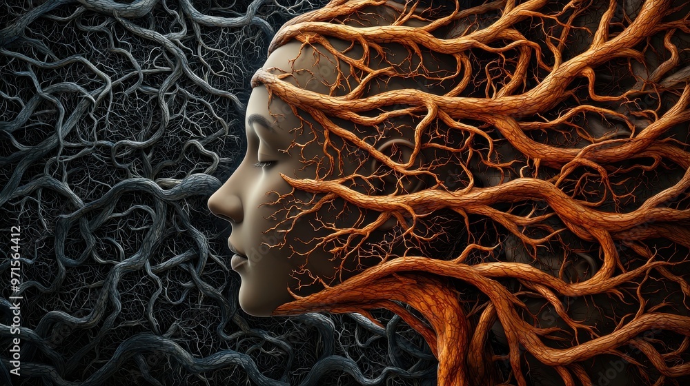 Aufkleber growing roots of connection: tree roots that spread across a network of faces, each face symbolizing