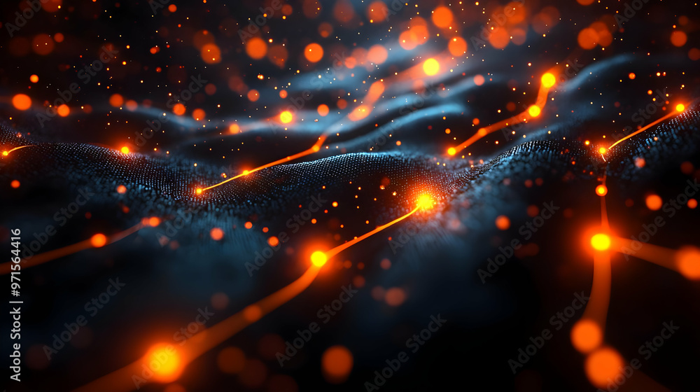 Poster abstract representation of glowing particles and waves in a dark, textured environment.