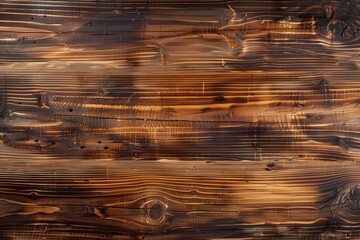 Textured wooden surface with dark burnt tones and natural wood grain patterns. The wood appears charred, showcasing rich browns and blacks, ideal for backgrounds or rustic themes.