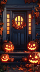 Obraz premium A cozy Halloween scene with glowing carved pumpkins and autumn leaves