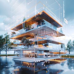 Fototapeta premium Futuristic digital twin of a modern energy efficient building with smart home technology promoting sustainable living