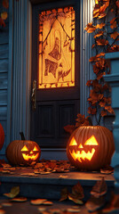 Obraz premium A cozy Halloween scene with glowing pumpkins and autumn leaves