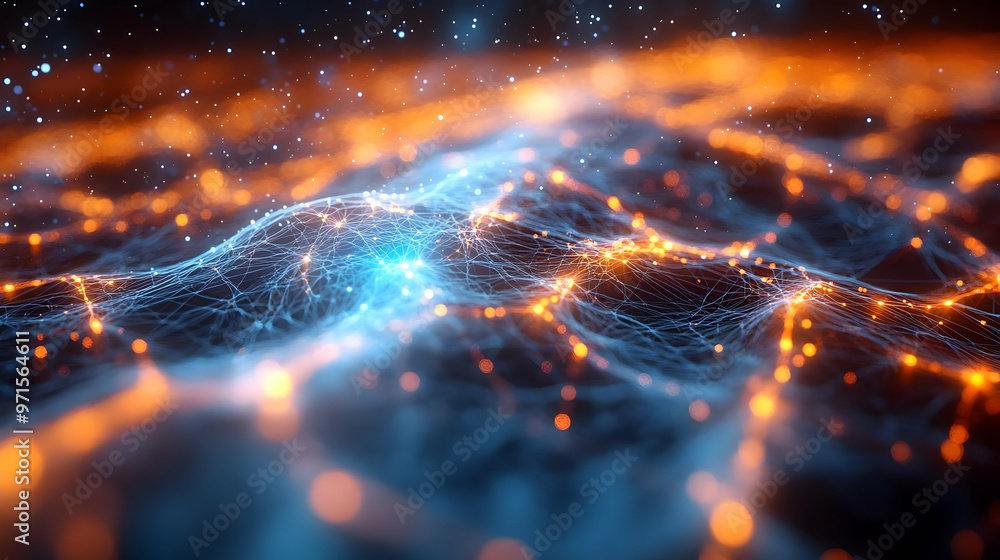 Aufkleber abstract representation of interconnected networks with glowing blue and orange elements.